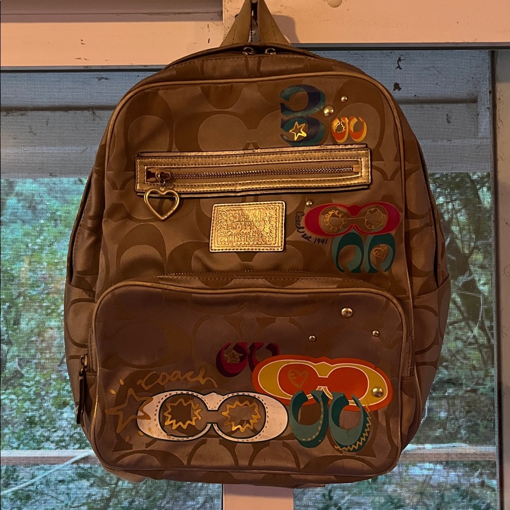 Coach Beige Gold Backpack with Colorful C Accents y2k heart zipper stars logos $